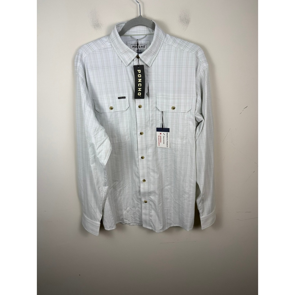 Poncho Outdoors Mens Long Sleeve Plaid Shirt White Tan Magnetic Pockets NEW